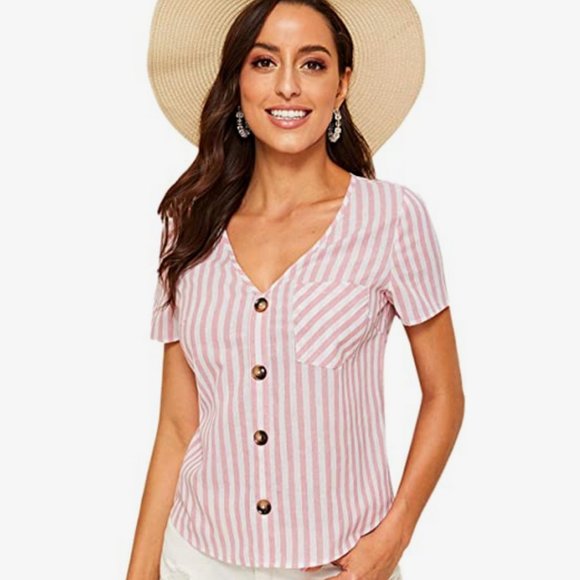 Romwe Summer Casual Striped Short Sleeve V Neck Blouse Pink Small NWOT - Picture 1 of 2